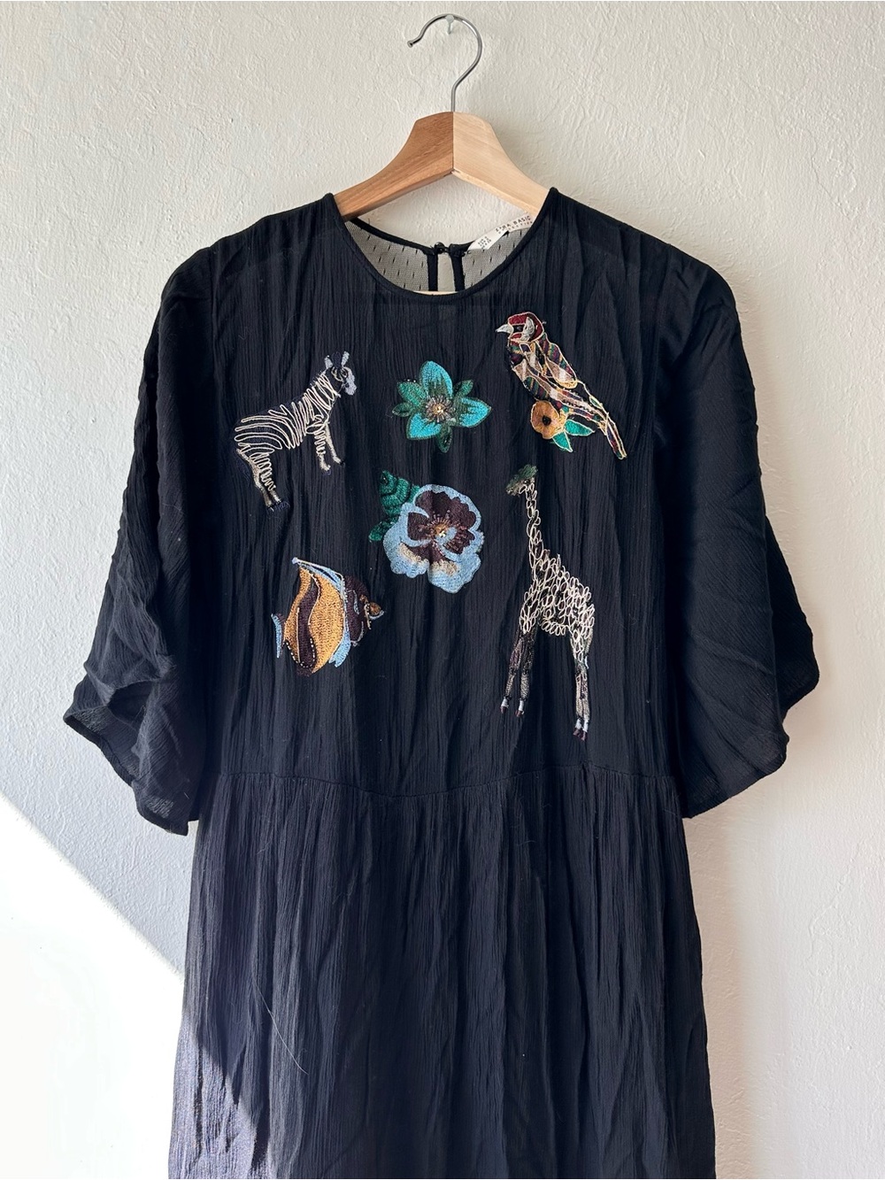 Zara basic 2016 animal embroidered black maxi dress oversized small sheer back - Picture 3 of 11